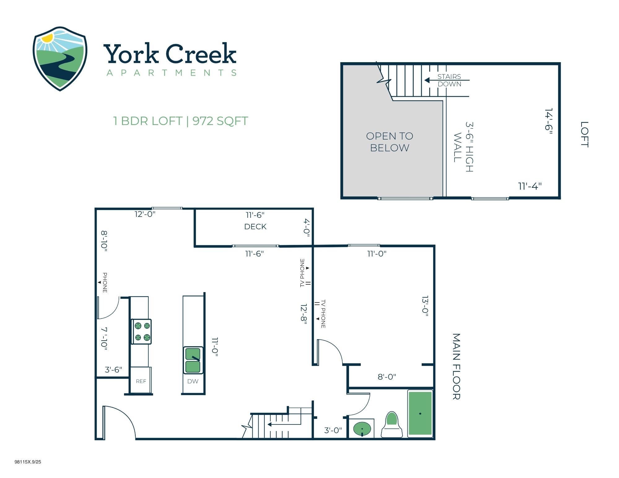 Floor plan for 1 bed, 1 bath, 972 sqft